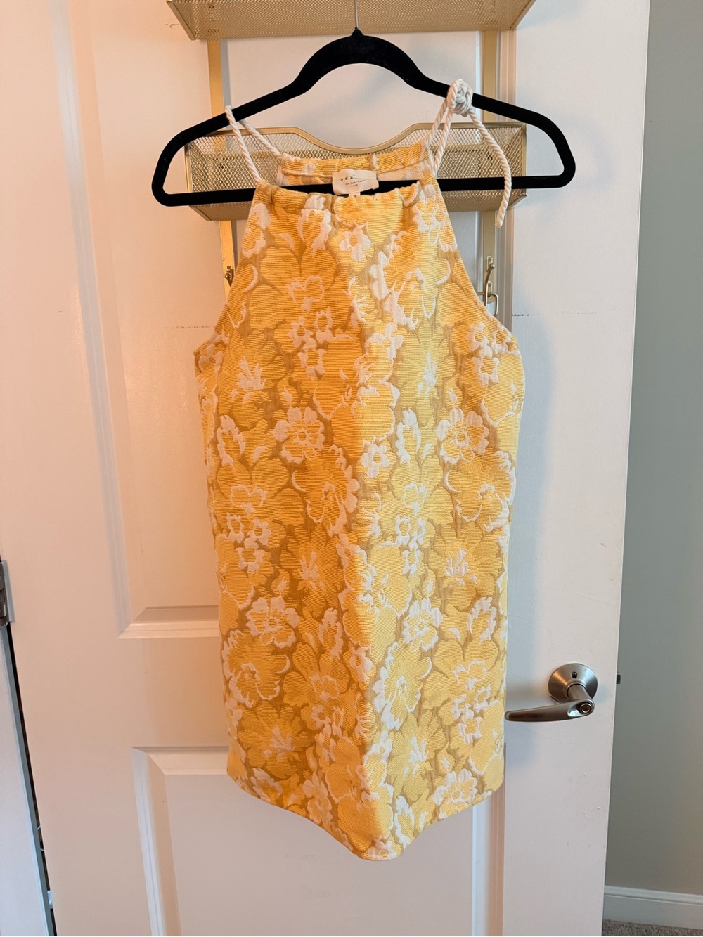 Sezane Yellow Floral Jacquard Halter Mini Dress